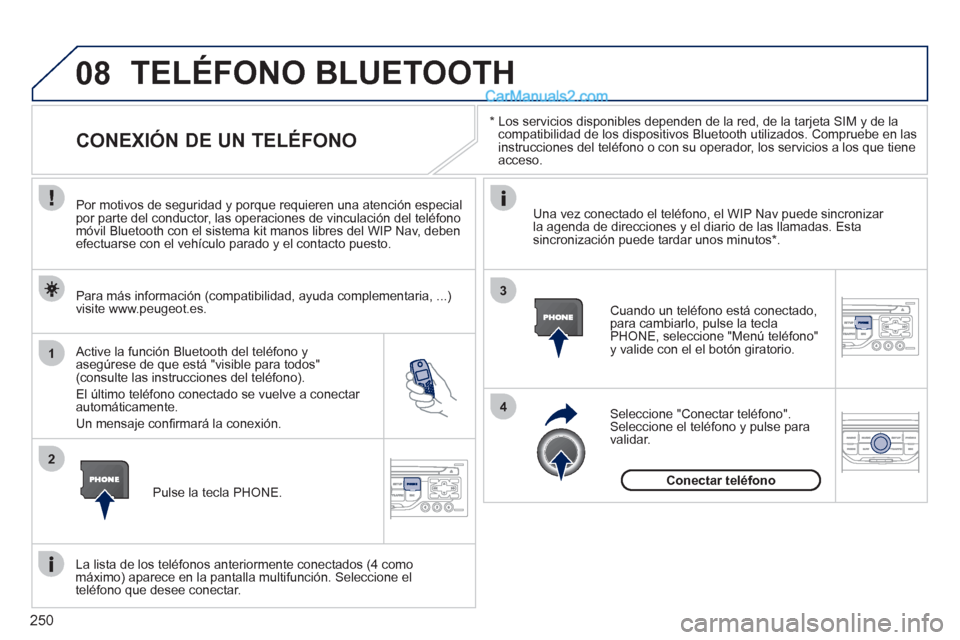 Peugeot 308 CC 2011 Manual del propietario (in Spanish) 250
08
1
2
4
3
*
Los servicios disponibles dependen de la red, de la tarjeta SIM y de la
compatibilidad de los dispositivos Bluetooth utilizados. Compruebe en las
instrucciones del teléfono Peugeot 308 CC 2011 Manual del propietario (in Spanish) 250
08
1
2
4
3
*
Los servicios disponibles dependen de la red, de la tarjeta SIM y de la
compatibilidad de los dispositivos Bluetooth utilizados. Compruebe en las
instrucciones del teléfono