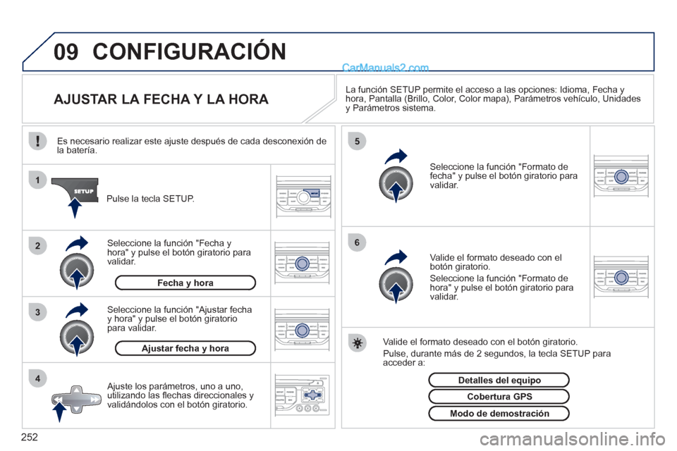 Peugeot 308 CC 2011 Manual del propietario (in Spanish) 252
09
4 3 2 1
65
CONFIGURACIÓN
AJUSTAR LA FECHA Y LA HORA
La función SETUP permite el acceso a las opciones: Idioma, Fecha y
hora, Pantalla (Brillo, Color, C Peugeot 308 CC 2011 Manual del propietario (in Spanish) 252
09
4 3 2 1
65
CONFIGURACIÓN
AJUSTAR LA FECHA Y LA HORA
La función SETUP permite el acceso a las opciones: Idioma, Fecha y
hora, Pantalla (Brillo, Color, C