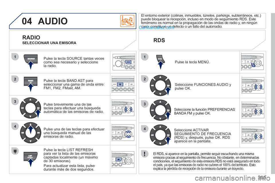 Peugeot 308 CC 2011 Manual del propietario (in Spanish) 265
04
1
2
3
4
1
2
3
4
AUDIO
Pulse la tecla SOURCE tantas veces
como sea necesario y seleccione
la radio.
Pulse la tecla BAND AST para
seleccionar una gama de onda entre:
FM1, FM2, FMas Peugeot 308 CC 2011 Manual del propietario (in Spanish) 265
04
1
2
3
4
1
2
3
4
AUDIO
Pulse la tecla SOURCE tantas veces
como sea necesario y seleccione
la radio.
Pulse la tecla BAND AST para
seleccionar una gama de onda entre:
FM1, FM2, FMas