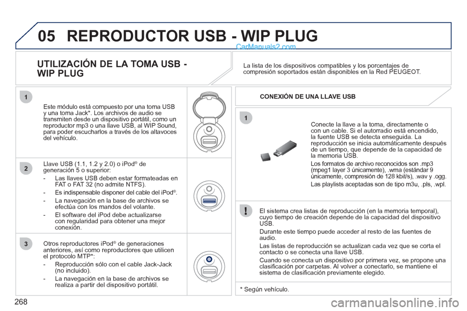Peugeot 308 CC 2011 Manual del propietario (in Spanish) 268
05
1
1
2
3
REPRODUCTOR USB - WIP PLUG
El sistema crea listas de reproducción (en la memoria temporal),
cuyo tiempo de creación depende de la capacidad del dispositivo
USB.
Durante es Peugeot 308 CC 2011 Manual del propietario (in Spanish) 268
05
1
1
2
3
REPRODUCTOR USB - WIP PLUG
El sistema crea listas de reproducción (en la memoria temporal),
cuyo tiempo de creación depende de la capacidad del dispositivo
USB.
Durante es