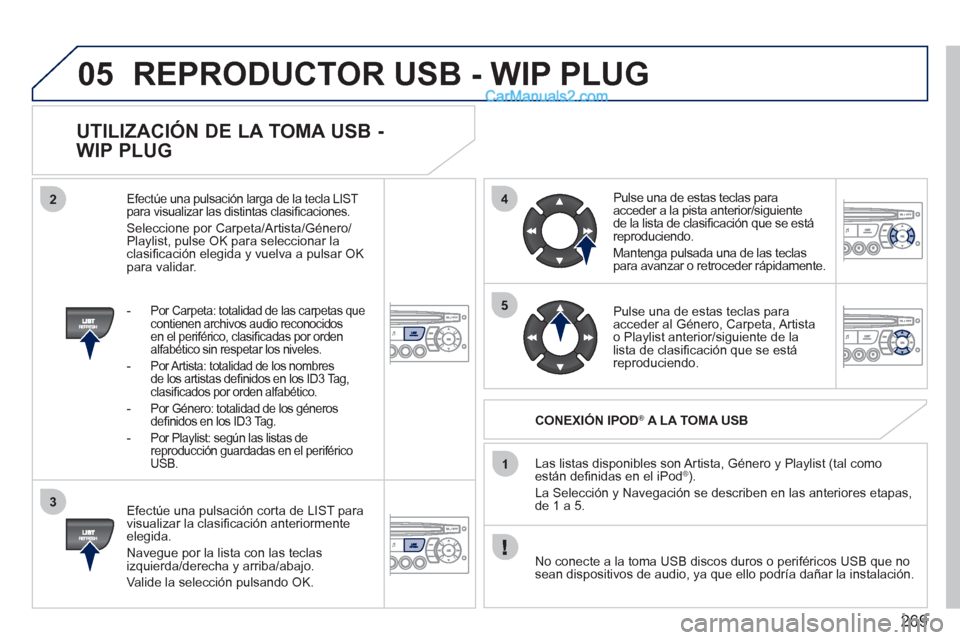 Peugeot 308 CC 2011 Manual del propietario (in Spanish) 269
05
42
3
1
5
REPRODUCTOR USB - WIP PLUG
UTILIZACIÓN DE LA TOMA USB -
WIP PLUG
Efectúe una pulsación corta de LIST para
visualizar la clasifi cación anteriormente
elegida.
Nav Peugeot 308 CC 2011 Manual del propietario (in Spanish) 269
05
42
3
1
5
REPRODUCTOR USB - WIP PLUG
UTILIZACIÓN DE LA TOMA USB -
WIP PLUG
Efectúe una pulsación corta de LIST para
visualizar la clasifi cación anteriormente
elegida.
Nav