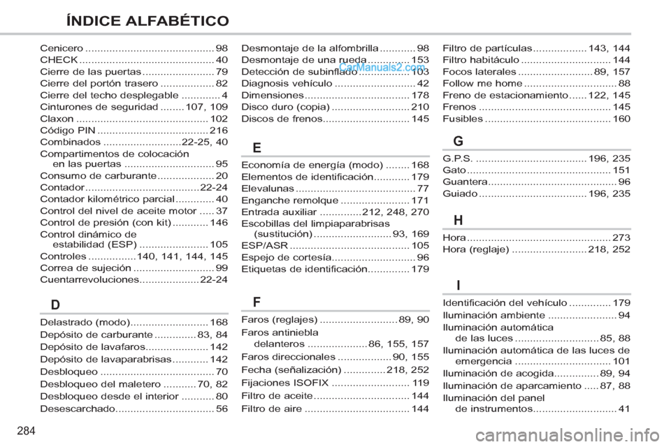 Peugeot 308 CC 2011  Manual del propietario (in Spanish) 284
ÍNDICE ALFABÉTICO
Desmontaje de la alfombrilla ............ 98
Desmontaje de una rueda .............. 153
Detección de subinflado ................. 103
Diagnosis vehículo .....................