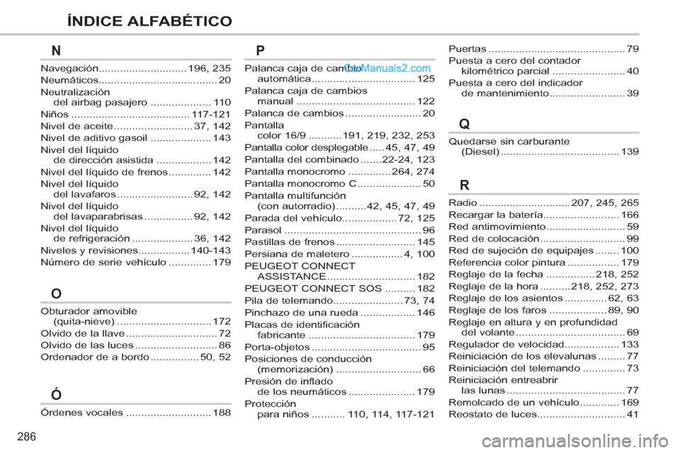 Peugeot 308 CC 2011 Manual del propietario (in Spanish) 286
ÍNDICE ALFABÉTICO
Palanca caja de cambio
automática .................................. 125
Palanca caja de cambios
manual ....................................... 122
Palanca de cambios ...... Peugeot 308 CC 2011 Manual del propietario (in Spanish) 286
ÍNDICE ALFABÉTICO
Palanca caja de cambio
automática .................................. 125
Palanca caja de cambios
manual ....................................... 122
Palanca de cambios ......