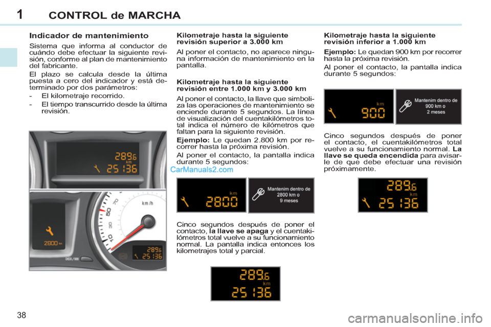 Peugeot 308 CC 2011 Manual del propietario (in Spanish) 1
38
CONTROL de MARCHA
Indicador de mantenimiento
Sistema que informa al conductor de
cuándo debe efectuar la siguiente revi-
sión, conforme al plan de mantenimiento
del fabricant Peugeot 308 CC 2011 Manual del propietario (in Spanish) 1
38
CONTROL de MARCHA
Indicador de mantenimiento
Sistema que informa al conductor de
cuándo debe efectuar la siguiente revi-
sión, conforme al plan de mantenimiento
del fabricant