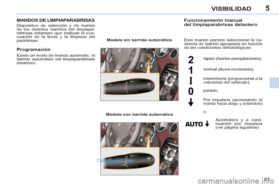 Peugeot 308 CC 2011 Manual del propietario (in Spanish) 5
91
VISIBILIDAD
MANDOS DE LIMPIAPARABRISAS
Dispositivo de selección y de mando
de los distintos barridos del limpiapa-
rabrisas delantero que realizan la eva-
cuación de la ll Peugeot 308 CC 2011 Manual del propietario (in Spanish) 5
91
VISIBILIDAD
MANDOS DE LIMPIAPARABRISAS
Dispositivo de selección y de mando
de los distintos barridos del limpiapa-
rabrisas delantero que realizan la eva-
cuación de la ll