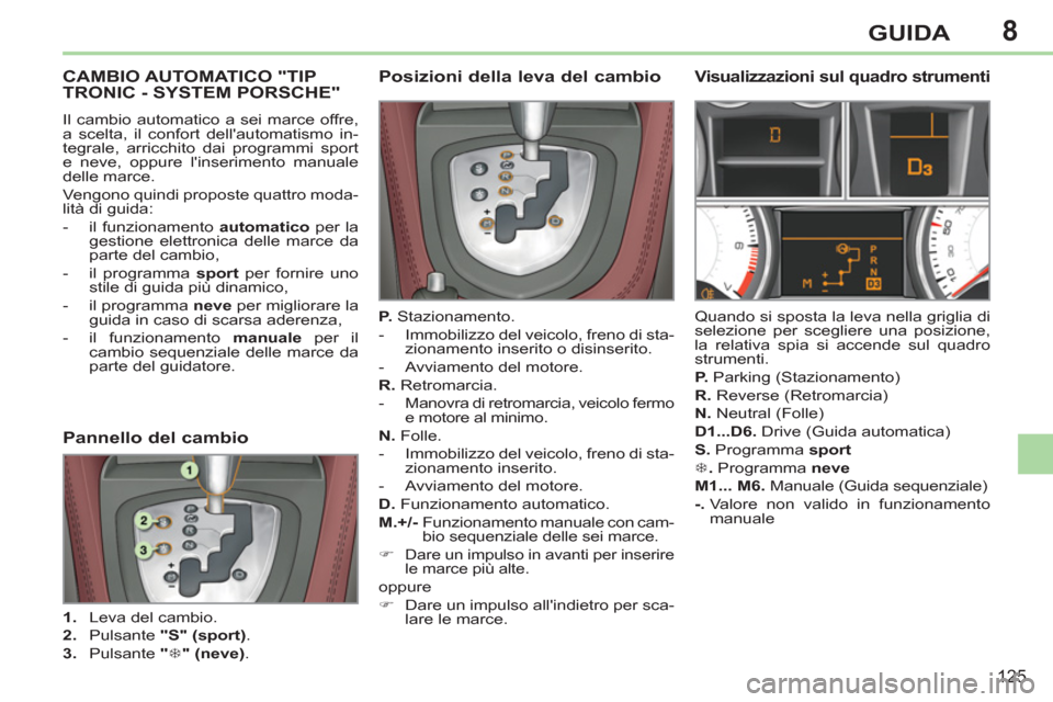 Peugeot 308 CC 2011  Manuale del proprietario (in Italian) 8
125
GUIDA
   
 
 
 
 
 
 
 
 
 
CAMBIO AUTOMATICO "TIP 
TRONIC - SYSTEM PORSCHE" 
  Il cambio automatico a sei marce offre, 
a scelta, il confort dellautomatismo in-
tegrale, arricchito dai program