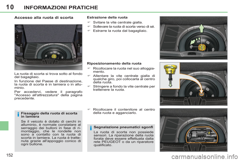 Peugeot 308 CC 2011  Manuale del proprietario (in Italian) 10
i
i
152
INFORMAZIONI PRATICHE
   
Fissaggio della ruota di scorta 
in lamiera 
  Se il veicolo è dotato di cerchi in 
alluminio, è normale constatare al 
serraggio dei bulloni in fase di ri-
mont
