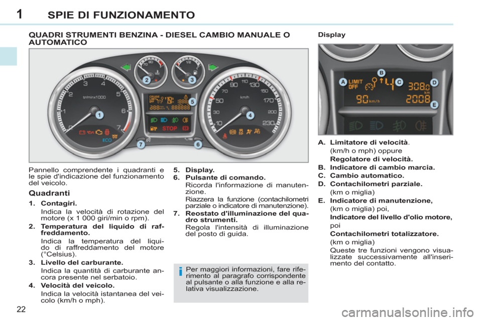 Peugeot 308 CC 2011  Manuale del proprietario (in Italian) 1
i
22
SPIE DI FUNZIONAMENTO
   
 
 
 
 
 
 
 
 
 
 
 
 
 
 
 
QUADRI STRUMENTI BENZINA - DIESEL CAMBIO MANUALE O 
AUTOMATICO 
  Pannello comprendente i quadranti e 
le spie dindicazione del funziona
