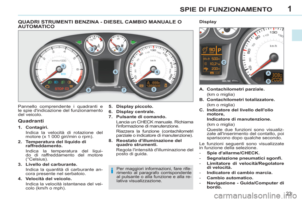 Peugeot 308 CC 2011  Manuale del proprietario (in Italian) 1
i
23
SPIE DI FUNZIONAMENTO
   
 
 
 
 
 
 
 
 
 
 
 
QUADRI STRUMENTI BENZINA - DIESEL CAMBIO MANUALE O 
AUTOMATICO 
  Pannello comprendente i quadranti e 
le spie dindicazione del funzionamento 
d