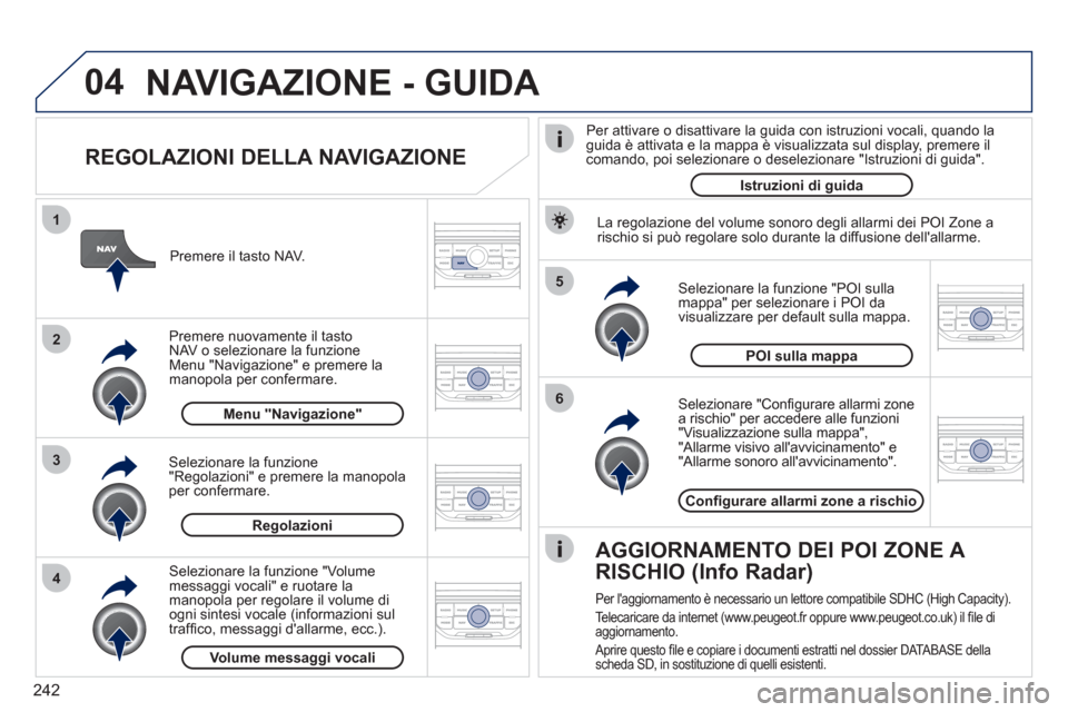 Peugeot 308 CC 2011 Manuale del proprietario (in Italian) 242
04
5
6
3 2 1
4
REGOLAZIONI DELLA NAVIGAZIONE
Selezionare "Confi gurare allarmi zone
a rischio" per accedere alle funzioni
"Visualizzazione sulla mappa",
"Allarme visivo allavviciname Peugeot 308 CC 2011 Manuale del proprietario (in Italian) 242
04
5
6
3 2 1
4
REGOLAZIONI DELLA NAVIGAZIONE
Selezionare "Confi gurare allarmi zone
a rischio" per accedere alle funzioni
"Visualizzazione sulla mappa",
"Allarme visivo allavviciname