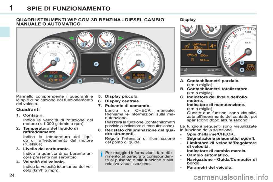 Peugeot 308 CC 2011  Manuale del proprietario (in Italian) 1
i
24
SPIE DI FUNZIONAMENTO
   
 
 
 
 
 
 
 
 
 
 
 
QUADRI STRUMENTI WIP COM 3D BENZINA - DIESEL CAMBIO 
MANUALE O AUTOMATICO 
  Pannello comprendente i quadranti e 
le spie dindicazione del funzi
