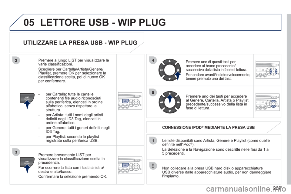 Peugeot 308 CC 2011  Manuale del proprietario (in Italian) 269
05
42
3
1
5
  LETTORE USB - WIP PLUG 
 
 
UTILIZZARE LA PRESA USB - WIP PLUG 
 
 
Premere brevemente LIST per 
visualizzare la classiﬁ cazione scelta in 
precedenza. 
  Far scorrere la lista con