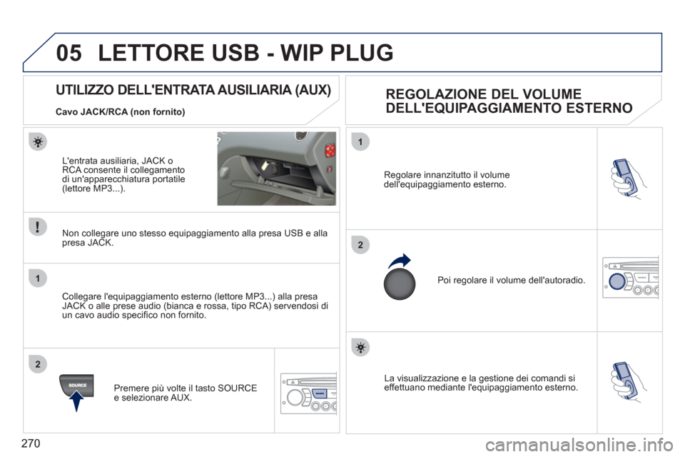 Peugeot 308 CC 2011  Manuale del proprietario (in Italian) 270
05
1
2
1
2
  La visualizzazione e la gestione dei comandi si 
effettuano mediante lequipaggiamento esterno.     Regolare innanzitutto il volume 
dellequipaggiamento esterno. 
  Poi regolare il v