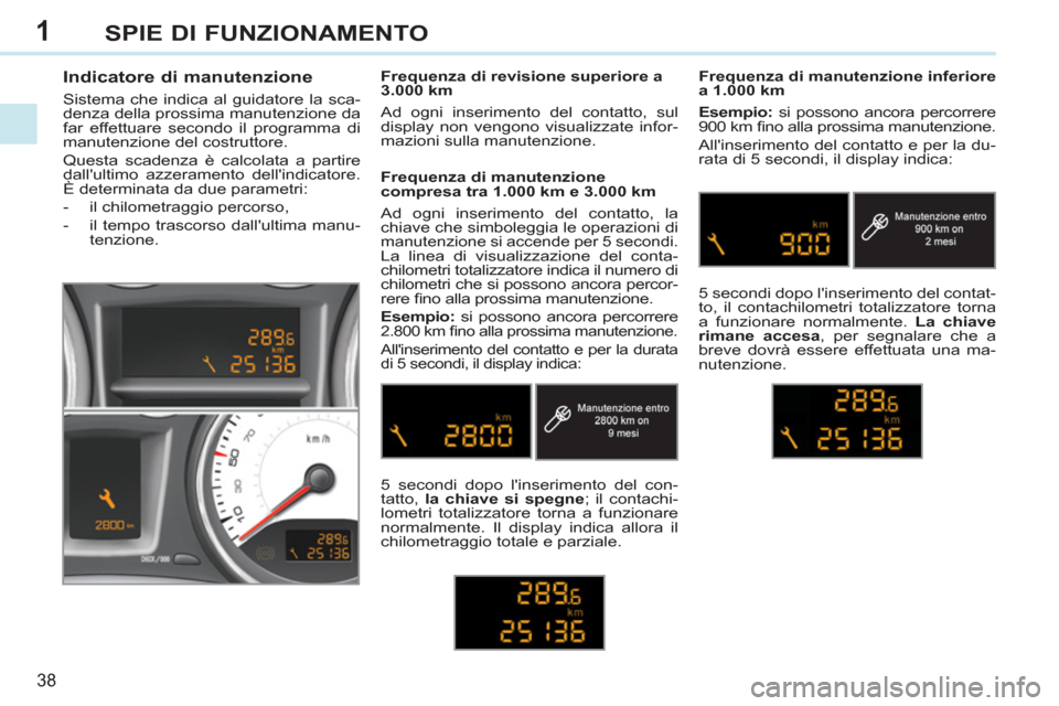 Peugeot 308 CC 2011 Manuale del proprietario (in Italian) 1
38
SPIE DI FUNZIONAMENTO
Indicatore di manutenzione
Sistema che indica al guidatore la sca-
denza della prossima manutenzione da
far effettuare secondo il programma di
manutenzione Peugeot 308 CC 2011 Manuale del proprietario (in Italian) 1
38
SPIE DI FUNZIONAMENTO
Indicatore di manutenzione
Sistema che indica al guidatore la sca-
denza della prossima manutenzione da
far effettuare secondo il programma di
manutenzione