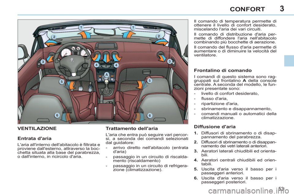 Peugeot 308 CC 2011  Manuale del proprietario (in Italian) 3
53
CONFORT
   
 
 
 
 
 
 
 
VENTILAZIONE  
 
Trattamento dellaria 
 
Laria che entra può seguire vari percor-
si, a seconda dei comandi selezionati 
dal guidatore: 
   
 
-   arrivo diretto nell