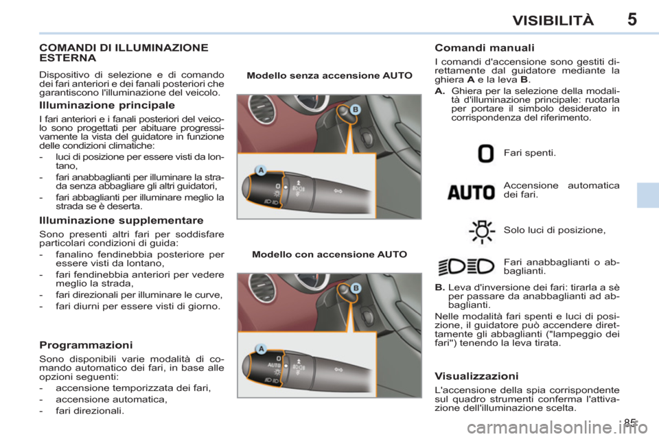 Peugeot 308 CC 2011  Manuale del proprietario (in Italian) 5
85
VISIBILITÀ
   
 
 
 
 
 
 
 
 
 
 
 
 
 
COMANDI DI ILLUMINAZIONE 
ESTERNA 
  Dispositivo di selezione e di comando 
dei fari anteriori e dei fanali posteriori che 
garantiscono lilluminazione 