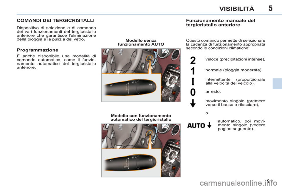 Peugeot 308 CC 2011 Manuale del proprietario (in Italian) 5
91
VISIBILITÀ
COMANDI DEI TERGICRISTALLI
Dispositivo di selezione e di comando
dei vari funzionamenti del tergicristallo
anteriore che garantisce leliminazione
della pioggi Peugeot 308 CC 2011 Manuale del proprietario (in Italian) 5
91
VISIBILITÀ
COMANDI DEI TERGICRISTALLI
Dispositivo di selezione e di comando
dei vari funzionamenti del tergicristallo
anteriore che garantisce leliminazione
della pioggi