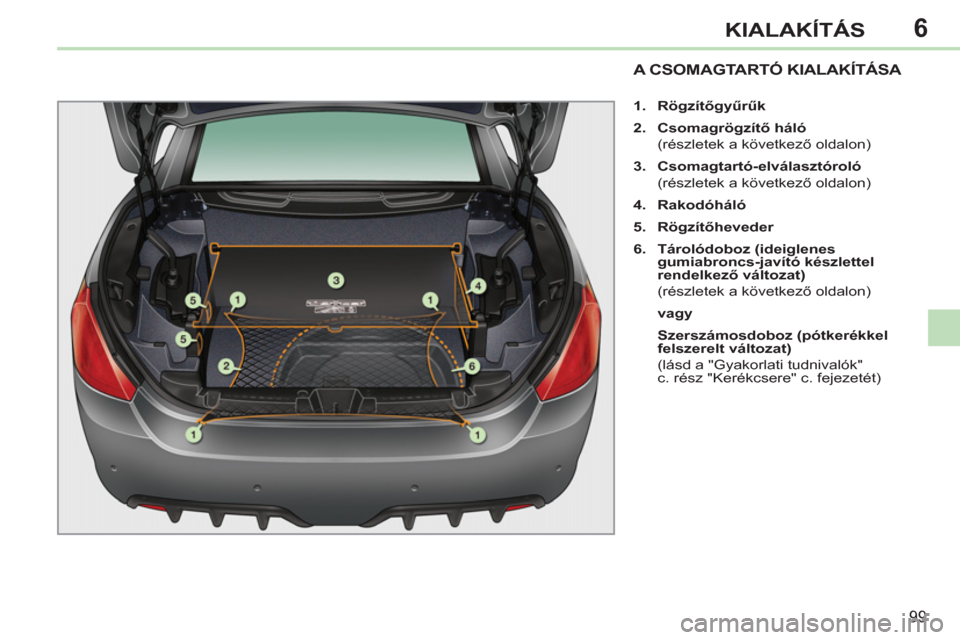 Peugeot 308 CC 2011  Kezelési útmutató (in Hungarian) 6
99
KIALAKÍTÁS
A CSOMAGTARTÓ KIALAKÍTÁSA 
   
 
1. 
  Rögzítőgyűrűk 
 
   
2. 
  Csomagrögzítő háló 
   
  (részletek a következő oldalon) 
   
3. 
  Csomagtartó-elválasztóroló 