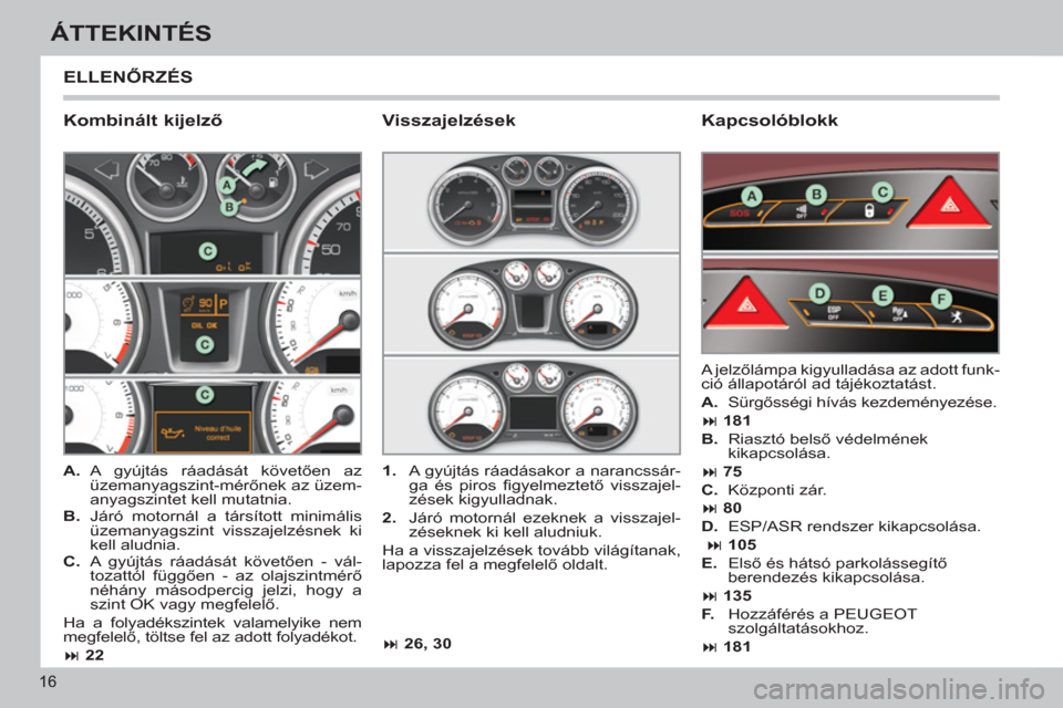 Peugeot 308 CC 2011  Kezelési útmutató (in Hungarian) 16
ÁTTEKINTÉS
  ELLENŐRZÉS
 
 
Kombinált kijelző   
Kapcsolóblokk 
 
 
 
A. 
 A gyújtás ráadását követően az 
üzemanyagszint-mérőnek az üzem-
anyagszintet kell mutatnia. 
   
B. 
  J