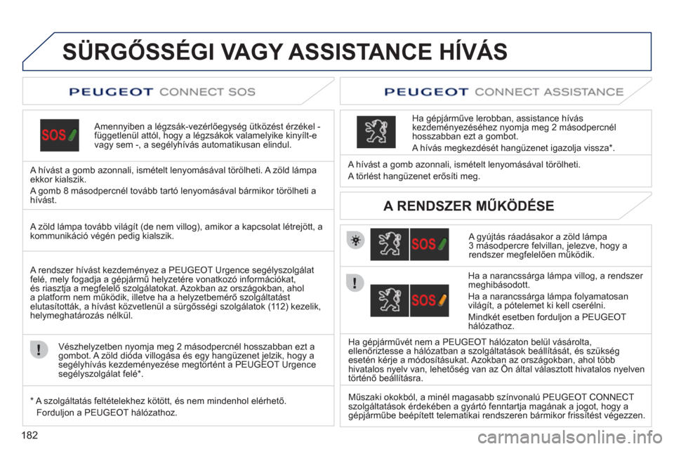 Peugeot 308 CC 2011  Kezelési útmutató (in Hungarian) 182
   
 
 
 
 
 
 
 
 
 
SÜRGŐSSÉGI VAGY ASSISTANCE HÍVÁS
 
 
Amennyiben a légzsák-vezérlőegys