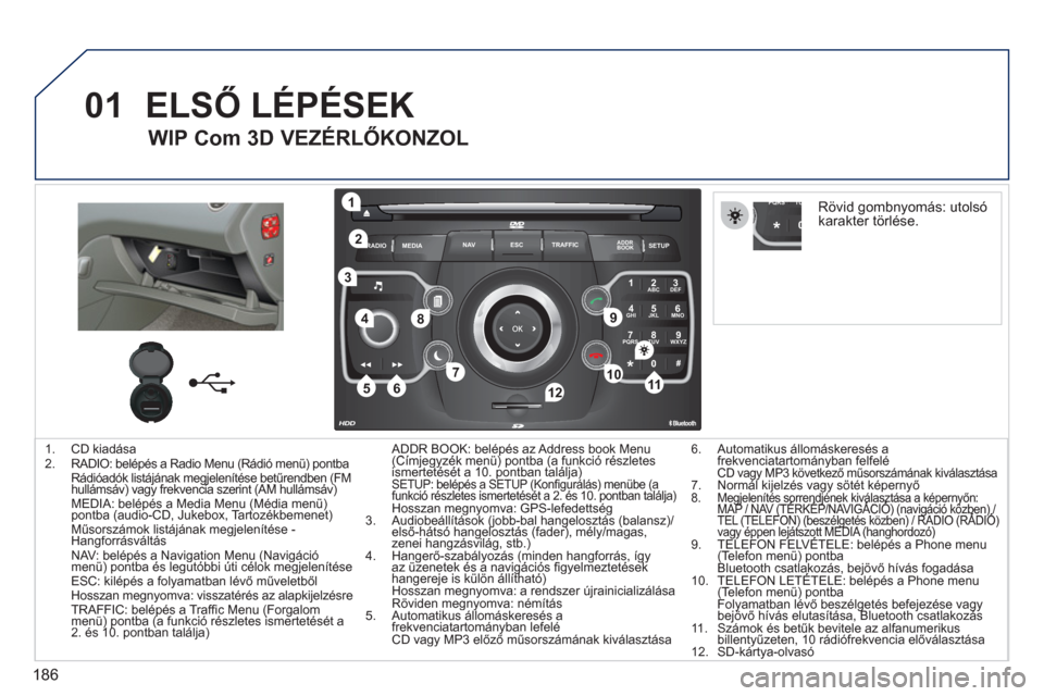 Peugeot 308 CC 2011  Kezelési útmutató (in Hungarian) 186
01
2ABC3DEF
5JKL4GHI6MNO
8TUV7PQRS9WXYZ
0*#
1
RADIO MEDIANAV ESC TRAFFIC
SETUPADDR
BOOK
1
10
2
3
4
612
9
7
8
115
TU PQRS
0*
1.  CD kiadása
2.  RADIO: belépés a Radio Menu (Rádió menü) pontba