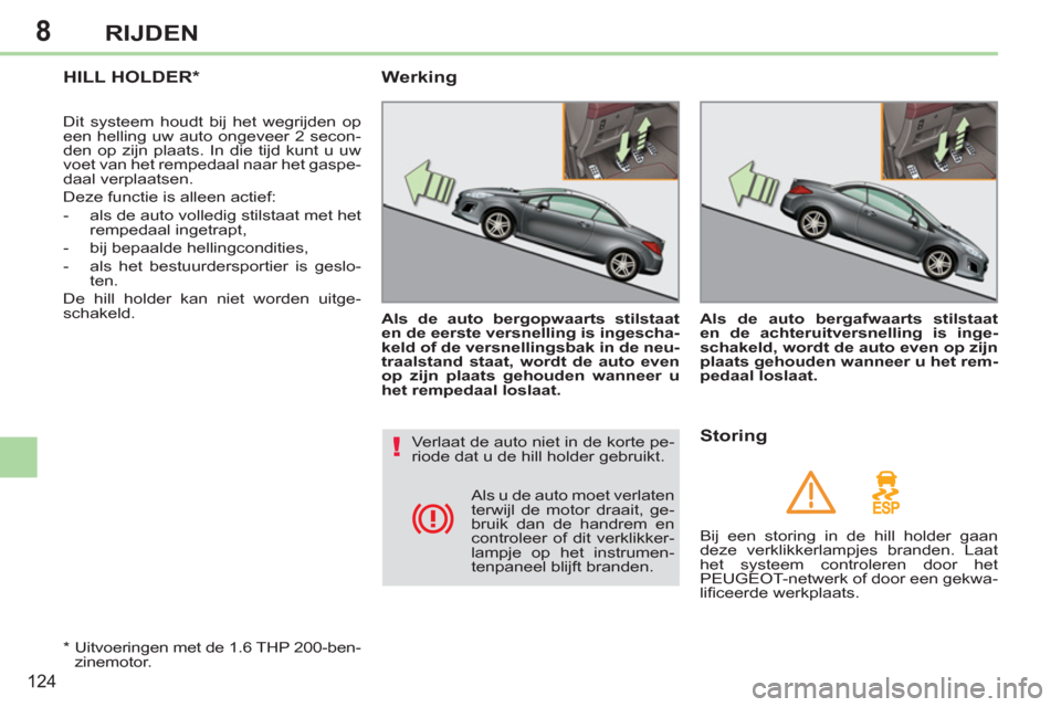Peugeot 308 CC 2011  Handleiding (in Dutch) 8
!
124
RIJDEN
   
 
 
 
HILL HOLDER *
 
Dit systeem houdt bij het wegrijden op 
een helling uw auto ongeveer 2 secon-
den op zijn plaats. In die tijd kunt u uw 
voet van het rempedaal naar het gaspe-
