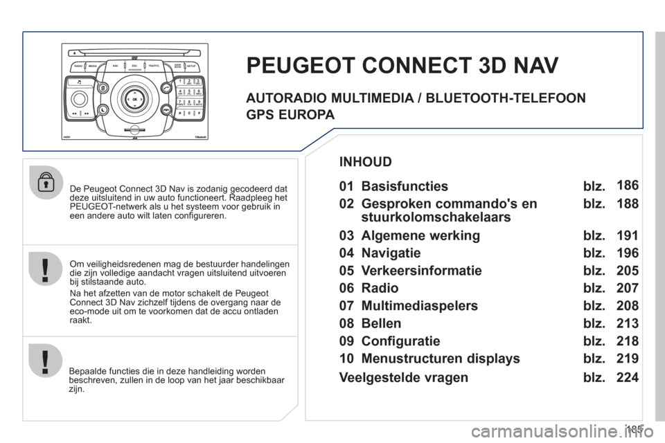 Peugeot 308 CC 2011  Handleiding (in Dutch) 185
2ABC3DEF5JKL4GHI6MNO8TUV7PQRS9WXYZ0*#
1
RADIO MEDIANAV ESC TRAFFIC
SETUPADDR
BOOK
   
De Peugeot Connect 3D Nav is zodanig gecodeerd dat 
deze uitsluitend in uw auto functioneert. Raadpleeg het PE