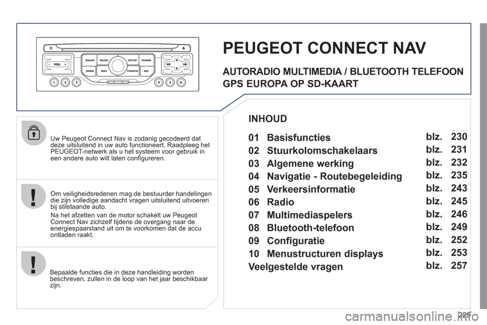 Peugeot 308 CC 2011  Handleiding (in Dutch) 229
   
Uw Peugeot Connect Nav is zodanig gecodeerd dat
deze uitsluitend in uw auto functioneert. Raadpleeg het PEUGEOT-netwerk als u het systeem voor gebruik ineen andere auto wilt laten conﬁ gurer