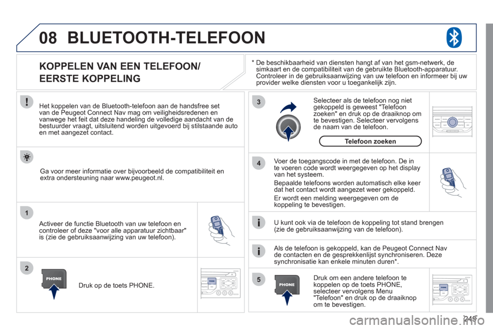 Peugeot 308 CC 2011 Handleiding (in Dutch) 249
08
1
2
3
5 4
*
De beschikbaarheid van diensten hangt af van het gsm-netwerk, de
simkaart en de compatibiliteit van de gebruikte Bluetooth-apparatuur.Controleer in de gebruiksaanwijzing van uw Peugeot 308 CC 2011 Handleiding (in Dutch) 249
08
1
2
3
5 4
*
De beschikbaarheid van diensten hangt af van het gsm-netwerk, de
simkaart en de compatibiliteit van de gebruikte Bluetooth-apparatuur.Controleer in de gebruiksaanwijzing van uw