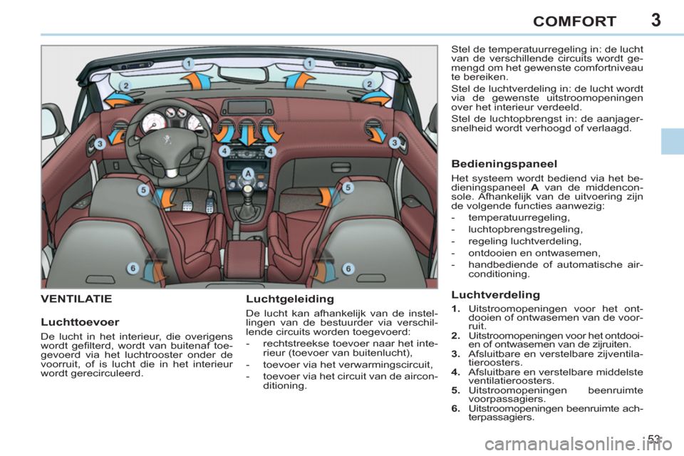 Peugeot 308 CC 2011  Handleiding (in Dutch) 3
53
COMFORT
   
 
 
 
 
 VENTILATIE
   
Luchtgeleiding 
 
De lucht kan afhankelijk van de instel-
lingen van de bestuurder via verschil-
lende circuits worden toegevoerd: 
   
 
-   rechtstreekse toe