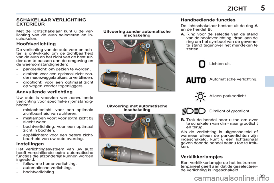 Peugeot 308 CC 2011  Handleiding (in Dutch) 5
85
ZICHT
   
 
 
 
 
 
 
 
 
 SCHAKELAAR VERLICHTING EXTERIEUR 
 
Met de lichtschakelaar kunt u de ver-
lichting van de auto selecteren en in-
schakelen. 
   
Hoofdverlichting 
 
De verlichting van 