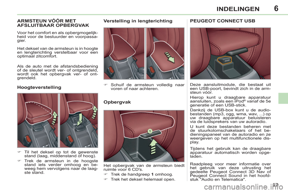 Peugeot 308 CC 2011  Handleiding (in Dutch) 6
97
INDELINGEN
   
 
 
 
 
 
ARMSTEUN VÓÓR MET
AFSLUITBAAR OPBERGVAK
  Voor het comfort en als opbergmogelijk-
heid voor de bestuurder en voorpassa-
gier. 
  Het deksel van de armsteun is in hoogte