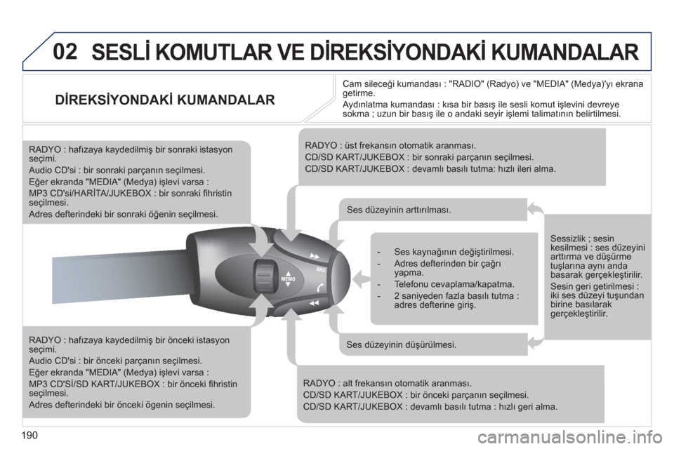 Peugeot 308 CC 2011  Kullanım Kılavuzu (in Turkish) 190
02  SESLİ KOMUTLAR VE DİREKSİYONDAKİ KUMANDALAR 
 
 
 
 
 
 
 
 
 
 
DİREKSİYONDAKİ KUMANDALAR 
 
 
RADYO : hafızaya kaydedilmiş bir önceki istasyon 
seçimi. 
  Audio CDsi : bir öncek