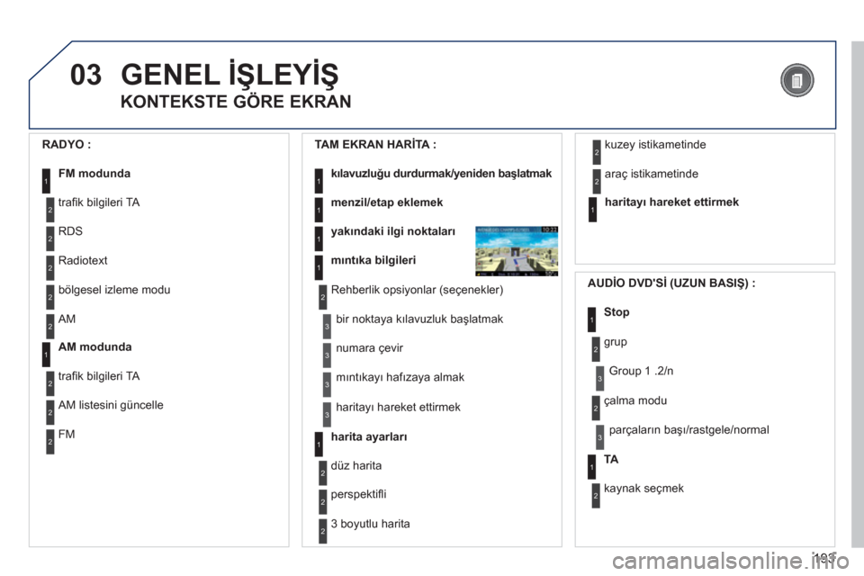 Peugeot 308 CC 2011  Kullanım Kılavuzu (in Turkish) 193
03  GENEL İŞLEYİŞ 
 
 
KONTEKSTE GÖRE EKRAN 
 
 
RADYO : 
 
 
FM modunda 
 1
1 
 
AM modunda 
 
2
2
 
traﬁ k bilgileri TA 
  RDS 
2 
Radiotext 
2 
bölgesel izleme modu 
2 
AM 
2
2
 
traﬁ