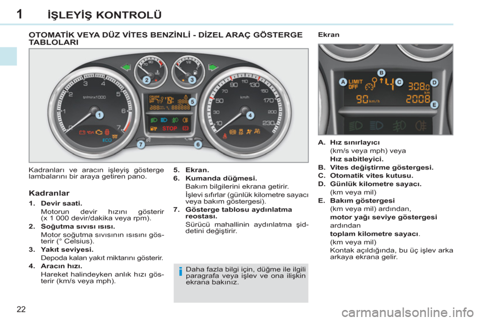 Peugeot 308 CC 2011 Kullanım Kılavuzu (in Turkish) 1
i
22
İŞLEYİŞ KONTROLÜ
OTOMATİK VEYA DÜZ VİTES BENZİNLİ - DİZEL ARAÇ GÖSTERGE
TABLOLARI
Kadranları ve aracın işleyiş gösterge
lambalarını Peugeot 308 CC 2011 Kullanım Kılavuzu (in Turkish) 1
i
22
İŞLEYİŞ KONTROLÜ
OTOMATİK VEYA DÜZ VİTES BENZİNLİ - DİZEL ARAÇ GÖSTERGE
TABLOLARI
Kadranları ve aracın işleyiş gösterge
lambalarını