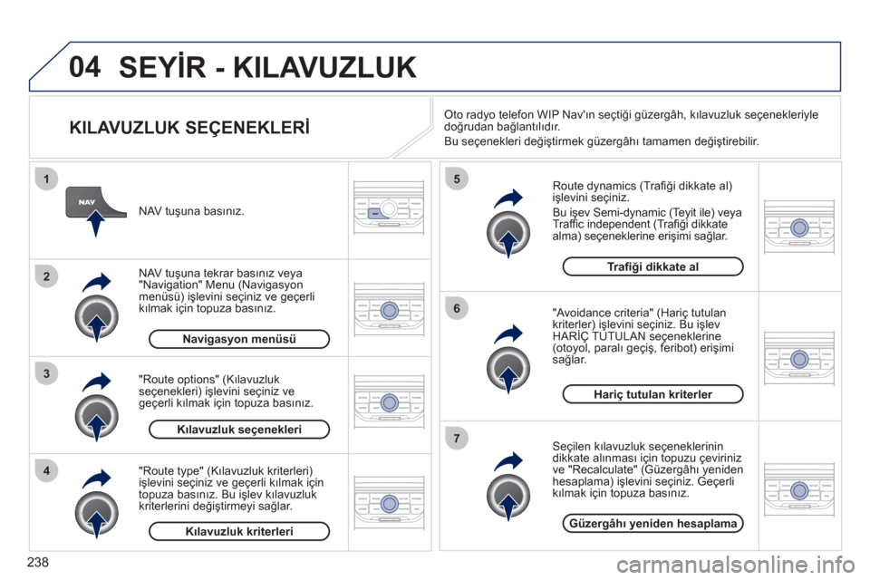 Peugeot 308 CC 2011  Kullanım Kılavuzu (in Turkish) 238
04
4
3
2
1
7
6
5
  SEYİR - KILAVUZLUK 
 
 
KILAVUZLUK SEÇENEKLERİ 
 
 
Route dynamics (Traﬁ ği dikkate al) 
işlevini seçiniz. 
  Bu işev Semi-dynamic (Teyit ile) veya 
Trafﬁ c independe