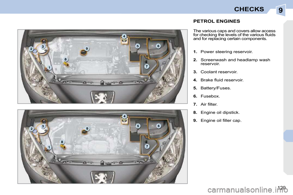 Peugeot 308 CC 2010.5  Owners Manual 9
129
CHECKS
PETROL ENGINES 
� �T�h�e� �v�a�r�i�o�u�s� �c�a�p�s� �a�n�d� �c�o�v�e�r�s� �a�l�l�o�w� �a�c�c�e�s�s�  
�f�o�r� �c�h�e�c�k�i�n�g� �t�h�e� �l�e�v�e�l�s� �o�f� �t�h�e� �v�a�r�i�o�u�s� �ﬂ� �