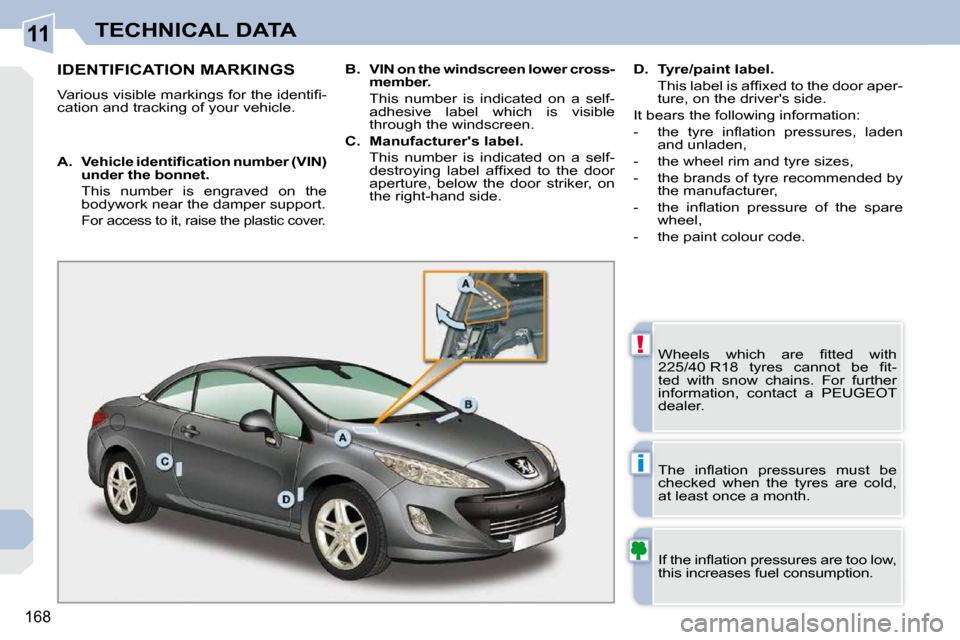 Peugeot 308 CC 2010.5  Owners Manual 11
!
i
�1�6�8
TECHNICAL DATA
IDENTIFICATION MARKINGS 
� �V�a�r�i�o�u�s� �v�i�s�i�b�l�e� �m�a�r�k�i�n�g�s� �f�o�r� �t�h�e� �i�d�e�n�t�i�ﬁ� �- 
�c�a�t�i�o�n� �a�n�d� �t�r�a�c�k�i�n�g� �o�f� �y�o�u�r� 