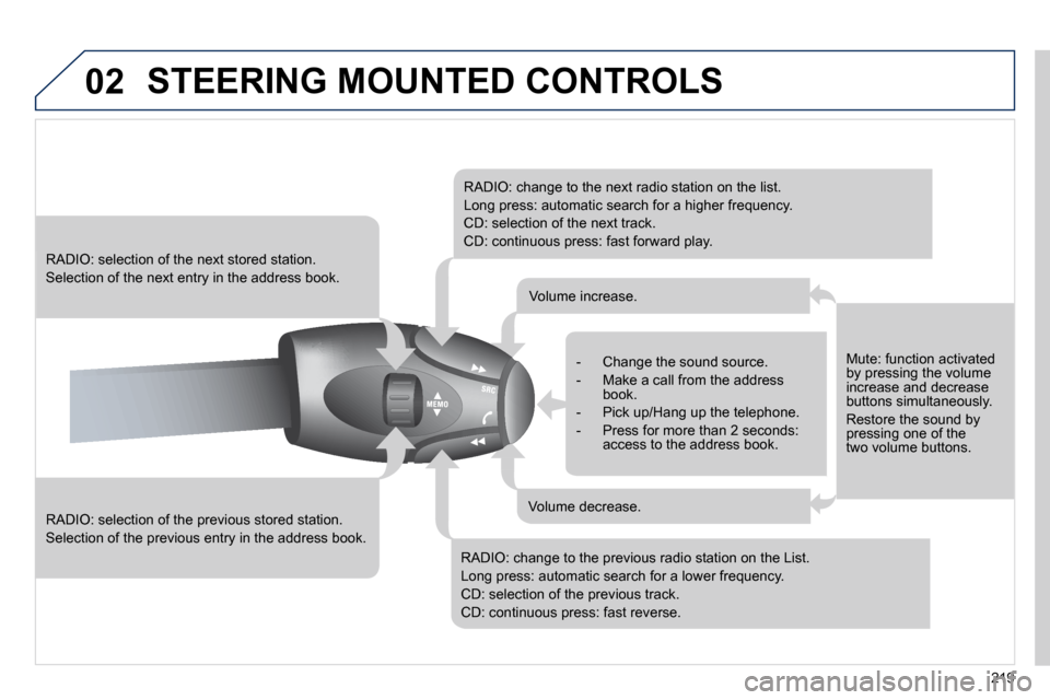 Peugeot 308 CC 2010.5  Owners Manual 02
219
 STEERING MOUNTED CONTROLS 
� � �R�A�D�I�O�:� �s�e�l�e�c�t�i�o�n� �o�f� �t�h�e� �p�r�e�v�i�o�u�s� �s�t�o�r�e�d� �s�t�a�t�i�o�n�.� 
� �S�e�l�e�c�t�i�o�n� �o�f� �t�h�e� �p�r�e�v�i�o�u�s� �e�n�t�r