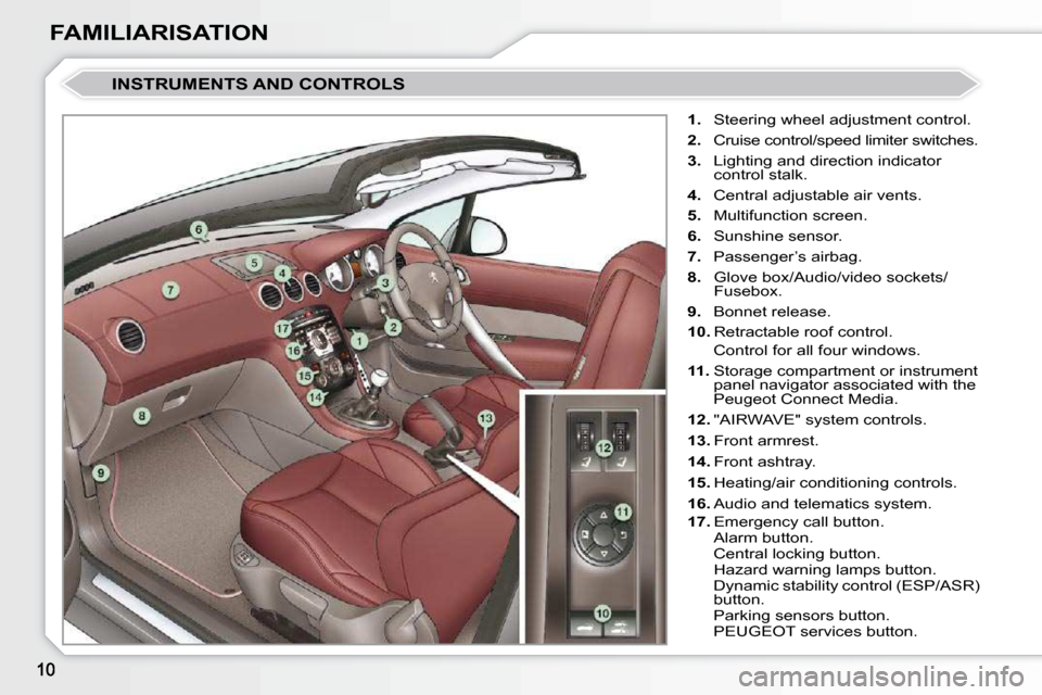 Peugeot 308 CC 2010.5  Owners Manual FAMILIARISATION
 INSTRUMENTS AND CONTROLS 
   
1. � �  �S�t�e�e�r�i�n�g� �w�h�e�e�l� �a�d�j�u�s�t�m�e�n�t� �c�o�n�t�r�o�l�.� 
  
2. � �  �C�r�u�i�s�e� �c�o�n�t�r�o�l�/�s�p�e�e�d� �l�i�m�i�t�e�r� �s�w�