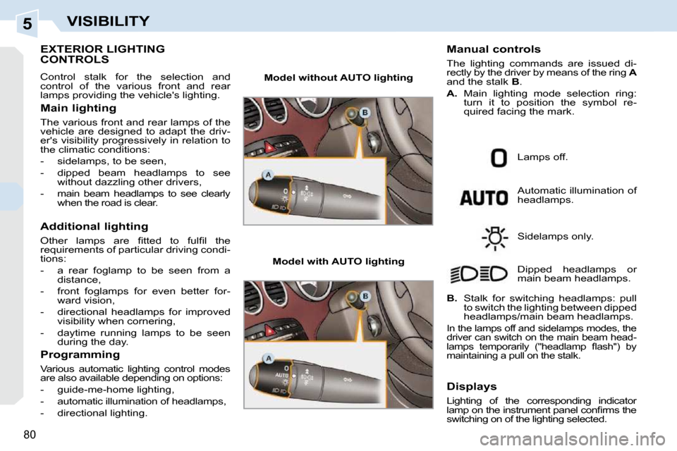 Peugeot 308 CC 2010.5 Manual Online 5
80
VISIBILITY
EXTERIOR LIGHTING CONTROLS 
� �C�o�n�t�r�o�l�  �s�t�a�l�k�  �f�o�r�  �t�h�e�  �s�e�l�e�c�t�i�o�n�  �a�n�d 
�c�o�n�t�r�o�l�  �o�f�  �t�h�e�  �v�a�r�i�o�u�s�  �f�r�o�n�t�  �a�n�d�  �r�e�