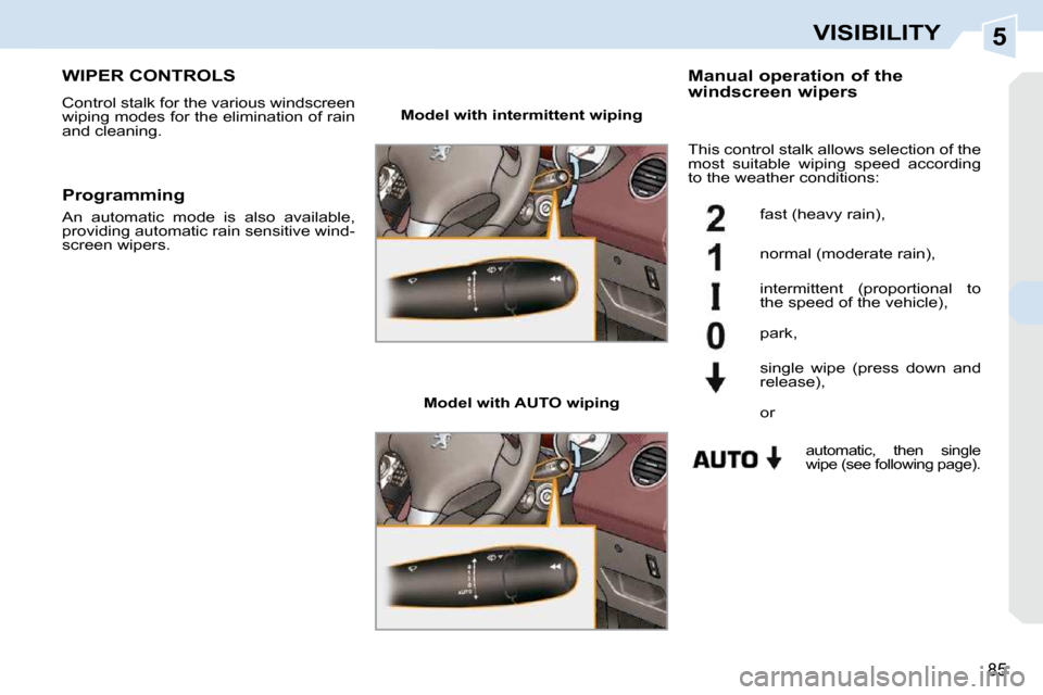 Peugeot 308 CC 2010.5 Owners Manual 5
85
VISIBILITY
WIPER CONTROLS 
� �C�o�n�t�r�o�l� �s�t�a�l�k� �f�o�r� �t�h�e� �v�a�r�i�o�u�s� �w�i�n�d�s�c�r�e�e�n�  
�w�i�p�i�n�g� �m�o�d�e�s� �f�o�r� �t�h�e� �e�l�i�m�i�n�a�t�i�o�n� �o�f� �r�a�i�n� 