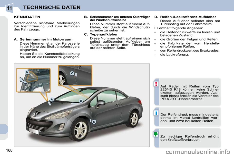 Peugeot 308 CC 2010.5  Betriebsanleitung (in German) 11
!
i
168
TECHNISCHE DATEN
KENNDATEN 
 Verschiedene  sichtbare  Markierungen  
�z�u�r�  �I�d�e�n�t�i�ﬁ� �z�i�e�r�u�n�g�  �u�n�d�  �z�u�m�  �A�u�f�ﬁ� �n�d�e�n� 
des Fahrzeugs.   Auf  Räder  mit  