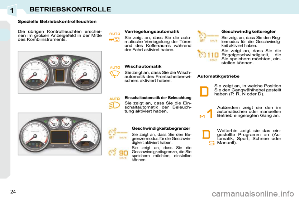 Peugeot 308 CC 2010.5  Betriebsanleitung (in German) 1
24
BETRIEBSKONTROLLE
� � � �S�p�e�z�i�e�l�l�e� �B�e�t�r�i�e�b�s�k�o�n�t�r�o�l�l�l�e�u�c�h�t�e�n� � �  
 Die  übrigen  Kontrollleuchten  erschei- 
nen  im  großen Anzeigefeld  in  der  Mitte 
des K
