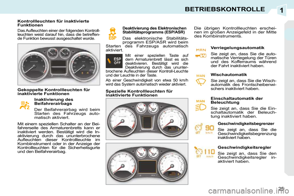 Peugeot 308 CC 2010.5  Betriebsanleitung (in German) 1
25
BETRIEBSKONTROLLE
   Kontrollleuchten für inaktivierte  
Funktionen 
� �D�a�s� �A�u�ﬂ� �e�u�c�h�t�e�n� �e�i�n�e�r� �d�e�r� �f�o�l�g�e�n�d�e�n� �K�o�n�t�r�o�l�l�-
leuchten weist darauf hin, das