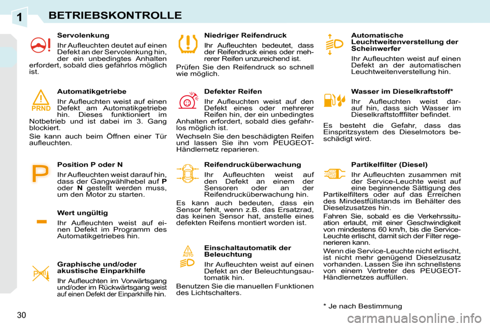 Peugeot 308 CC 2010.5  Betriebsanleitung (in German) 1
AUTO
PRND
30
BETRIEBSKONTROLLE
   Wasser im Dieselkraftstoff *   
� �I�h�r�  �A�u�ﬂ� �e�u�c�h�t�e�n�  �w�e�i�s�t�  �d�a�r�- 
auf  hin,  dass  sich  Wasser  im 
�D�i�e�s�e�l�k�r�a�f�t�s�t�o�f�f�ﬁ