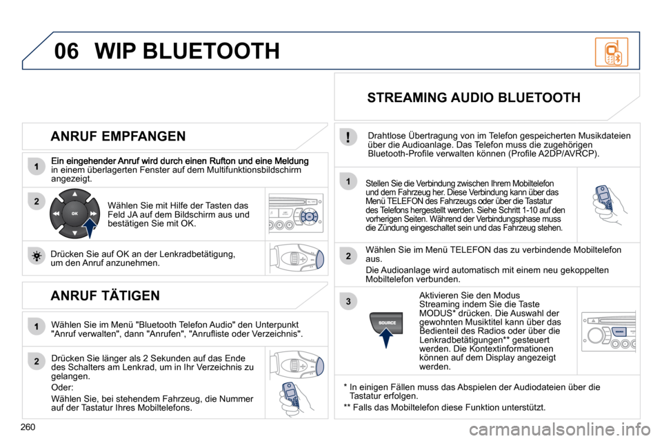 Peugeot 308 CC 2010.5  Betriebsanleitung (in German) 260
06
2
1
2
2
3
  ANRUF EMPFANGEN 
in einem überlagerten Fenster auf dem Multifunktionsbildschirm angezeigt.    Stellen Sie die Verbindung zwischen Ihrem Mobiltelefon und dem Fahrzeug her. Diese Ver
