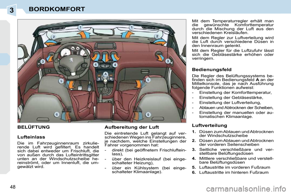 Peugeot 308 CC 2010.5  Betriebsanleitung (in German) 3
48 
BORDKOMFORT
BELÜFTUNG   Aufbereitung der Luft  
 Die  eintretende  Luft  gelangt  auf  ver- 
schiedenen Wegen ins Fahrzeuginnere, 
je  nachdem,  welche  Einstellungen  der 
Fahrer vorgenommen h