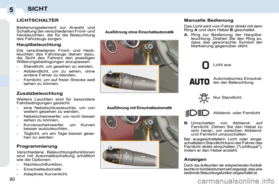 Peugeot 308 CC 2010.5  Betriebsanleitung (in German) 5
80
SICHT
LICHTSCHALTER 
 Bedienungselement  zur  Anwahl  und  
Schaltung der verschiedenen Front- und 
Heckleuchten,  die  für  die  Beleuchtung 
des Fahrzeugs sorgen.  
  Hauptbeleuchtung  
 Die  