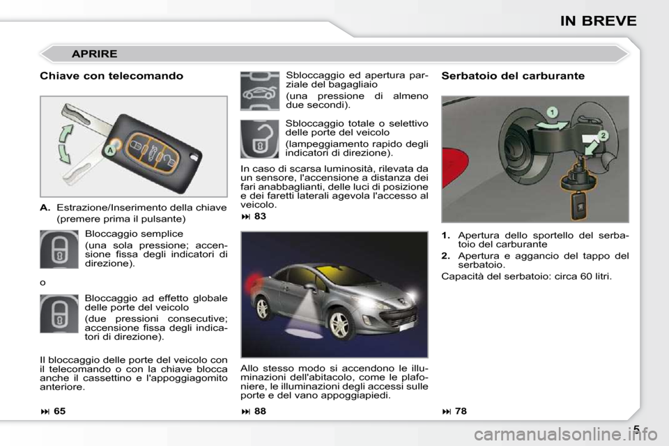 Peugeot 308 CC 2010.5  Manuale del proprietario (in Italian) IN BREVE
  Chiave con telecomando  
   
A.    Estrazione/Inserimento della chiave   
 (premere prima il pulsante)  
 Bloccaggio semplice   
(una  sola  pressione;  accen- 
�s�i�o�n�e�  �ﬁ� �s�s�a�  